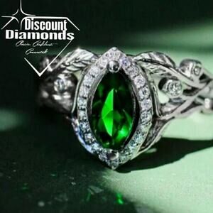 Oval Cut Emerald & White Baguette Diamond Cocktail Ring on 925 Silver